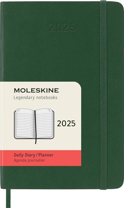 Moleskine Daily Planner, 12 Monate Tagesplaner 2025, Weicher Einband und Elastischer Verschluss, Farbe MyrtenGrün, TaschenFormat 9x14 cm