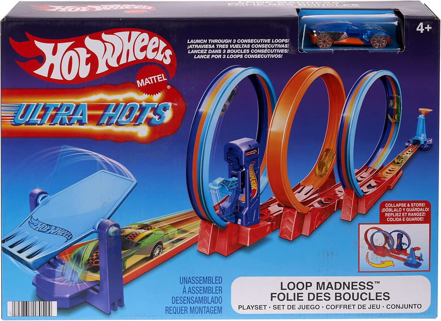 Hot Wheels Ultra Hots Triple Loop Track Playset with 3 Loops and 1 1:64 Scale Car Included, Connects to Other Hot Wheels Sets and Foldable for Storage, Kids Toys, 4+ Years, HPX93