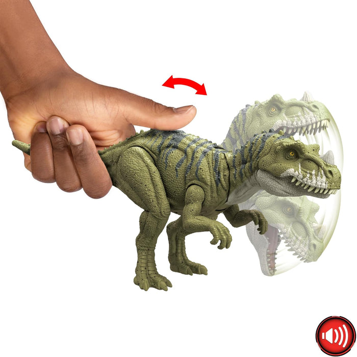 Mattel Jurassic World: Teoría del Dinocaos Netflix - Dinosaurio Ceratosaurus verde rayado, rugido salvaje, juguete con sonidos +4 años (HTK74)