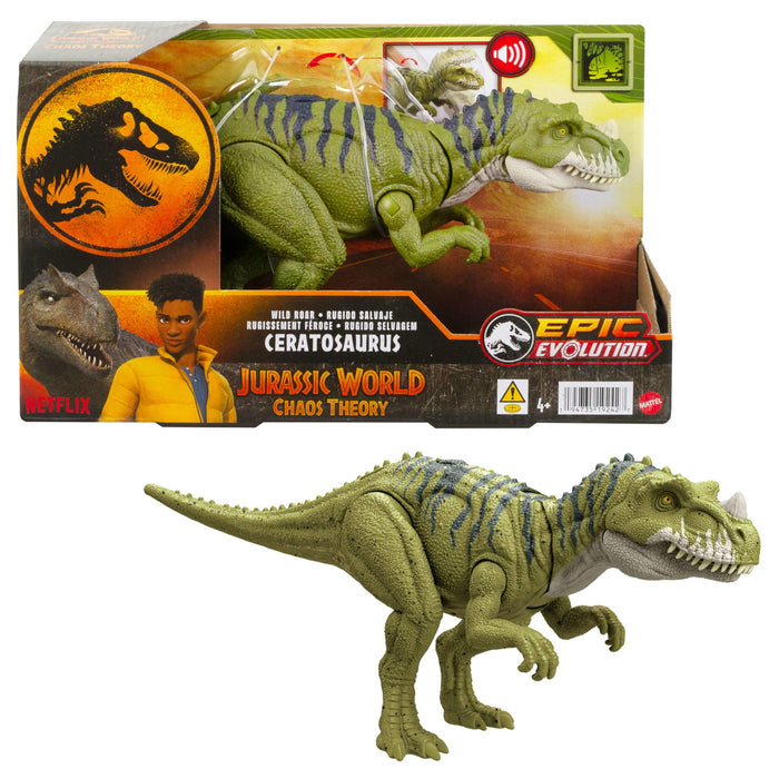 Mattel Jurassic World: Teoría del Dinocaos Netflix - Dinosaurio Ceratosaurus verde rayado, rugido salvaje, juguete con sonidos +4 años (HTK74)