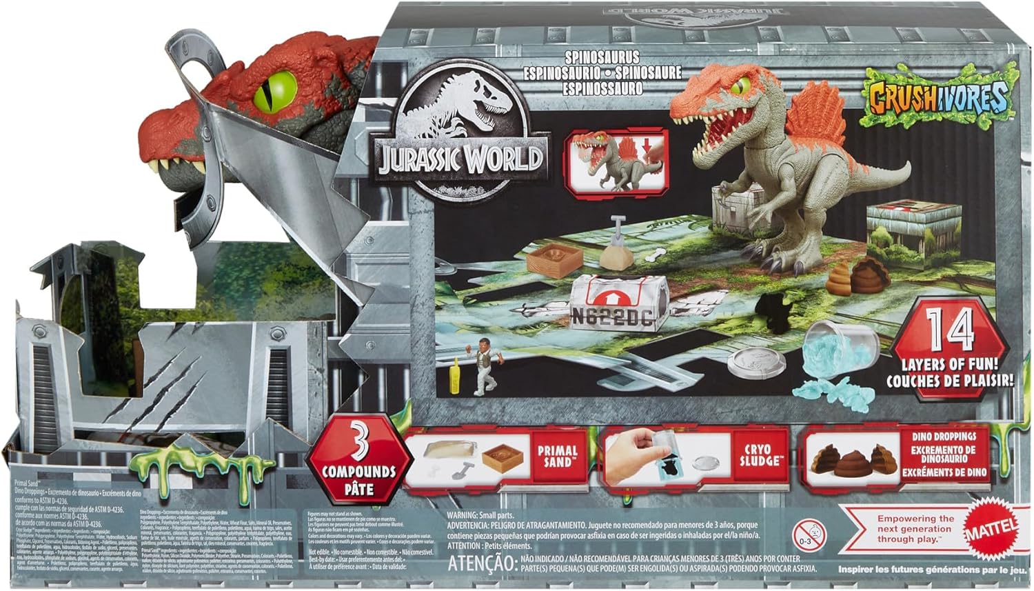 Mattel Jurassic World Cage Crasher Spinosaurus Dinosaur Action Figure & Unboxing Toy, Sand & Gel & Dough, Breakout & Discovery & Rescue Play, HTP71