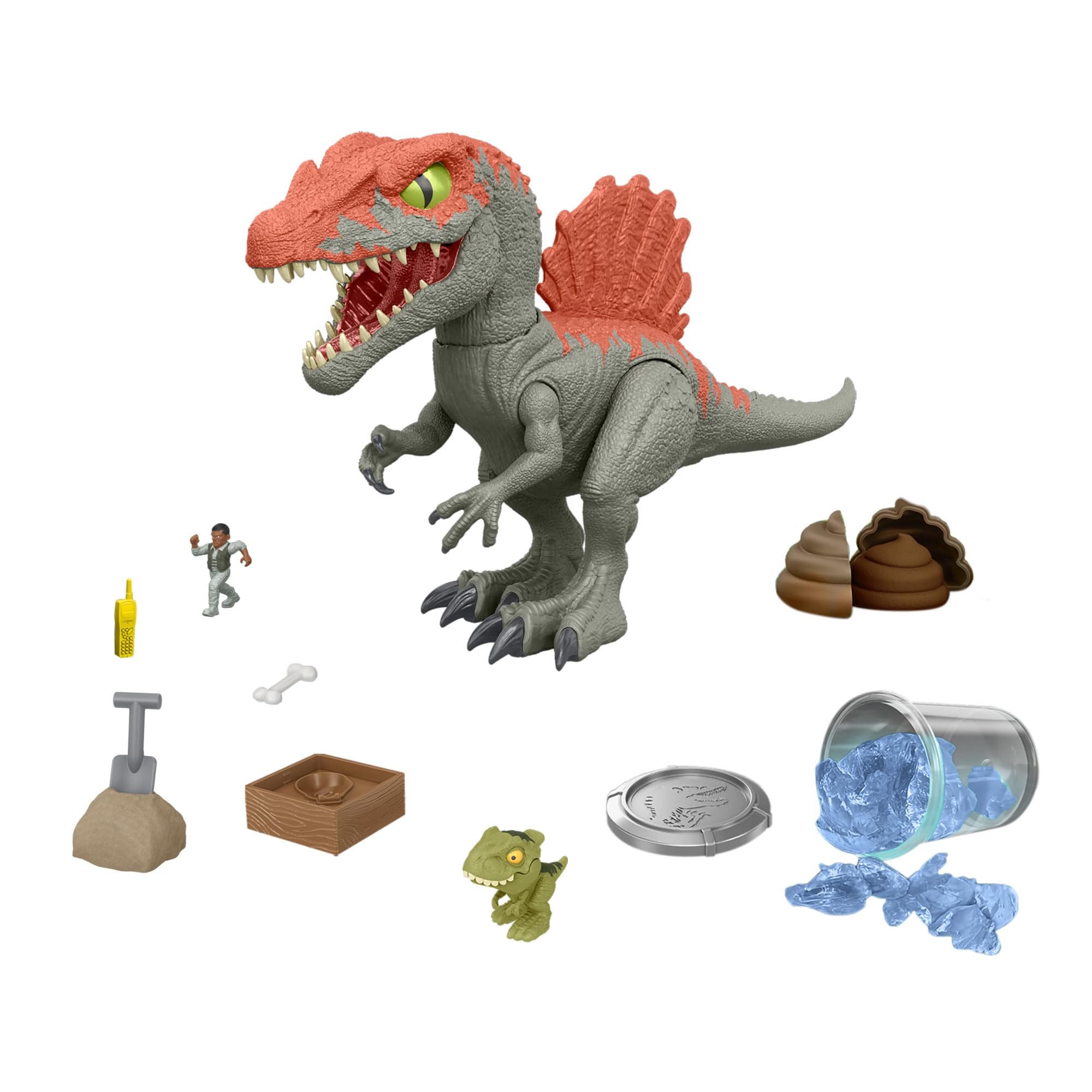 Mattel Jurassic World Cage Crasher Spinosaurus Dinosaur Action Figure & Unboxing Toy, Sand & Gel & Dough, Breakout & Discovery & Rescue Play, HTP71