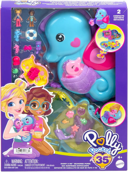 Polly Pocket Dolls & Playset with Pets & 13 Accessories, 2-in-1 Daddy & Me Seahorse Wearable Purse & Animal Toy, Starring Shani