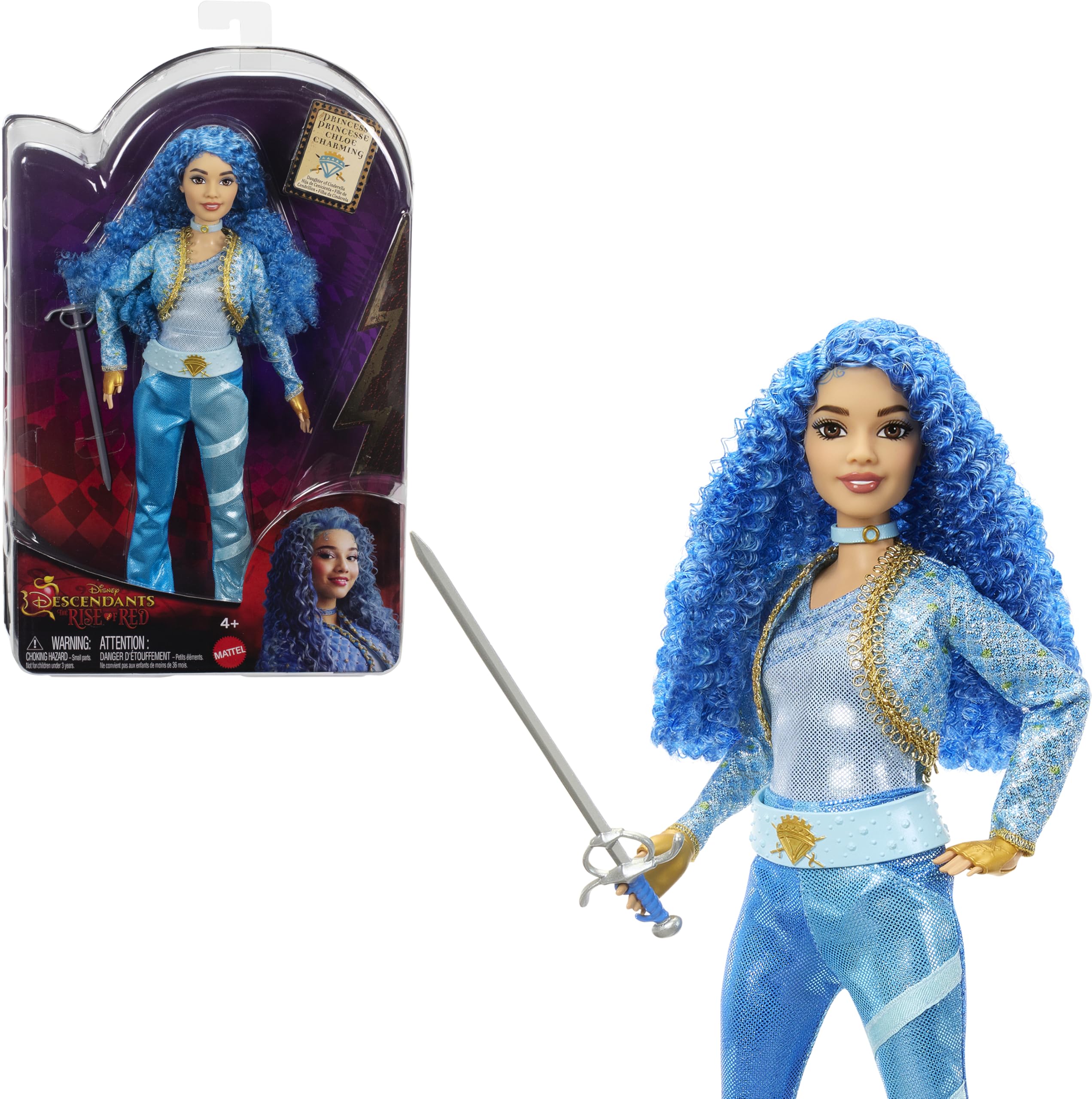 Mattel Disney Descendants: The Rise of Red Fashion Doll & Accesorio, Princesa Chloe Charming, Hija de Cenicienta con ropa y espada inspiradas en la película