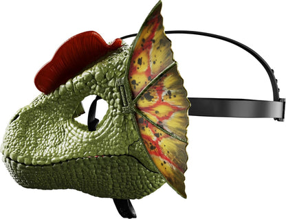 Mattel Jurassic World Dilophosaurus Role Play Mask with Venom Launchin Water Feature, Sound & Adjustable Frill, Dinosaur Costume Headgear Toy
