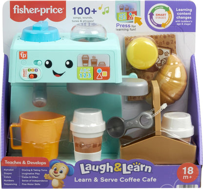 Fisher-Price Toddler Toy Learn & Serve Coffee Café Playset with Smart Stages & 10 Pieces for Ages 18+ Months, Multilanguage Version, HYR98