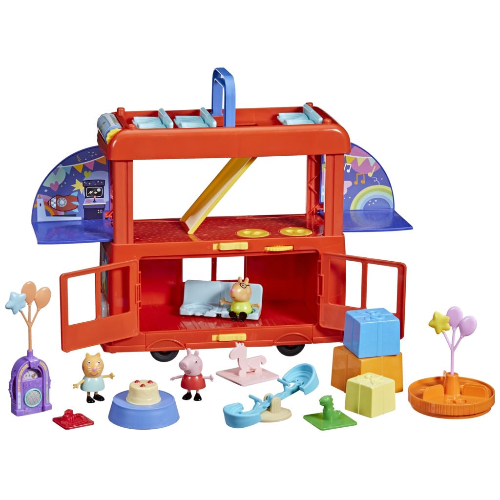 Peppa Pig Peppa’s 2-in-1 Party Bus Playset with Toy Figures and Accessories, Interactive Toddler Toys for Girls and Boys, Red