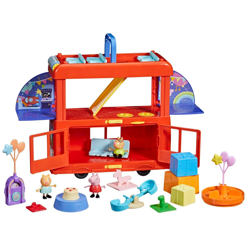 Peppa Pig Peppa’s 2-in-1 Party Bus Playset with Toy Figures and Accessories, Interactive Toddler Toys for Girls and Boys, Red