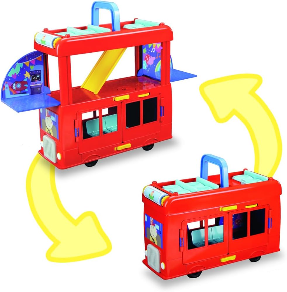 Peppa Pig Peppa’s 2-in-1 Party Bus Playset with Toy Figures and Accessories, Interactive Toddler Toys for Girls and Boys, Red