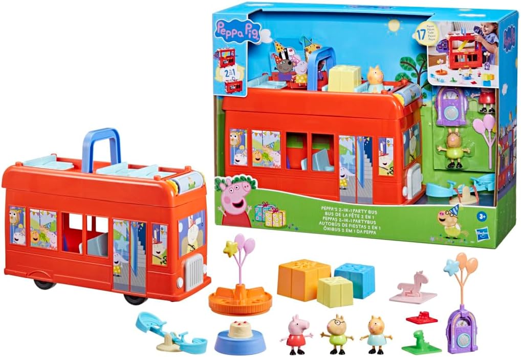 Peppa Pig Peppa’s 2-in-1 Party Bus Playset with Toy Figures and Accessories, Interactive Toddler Toys for Girls and Boys, Red