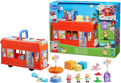 Peppa Pig Peppa’s 2-in-1 Party Bus Playset with Toy Figures and Accessories, Interactive Toddler Toys for Girls and Boys, Red