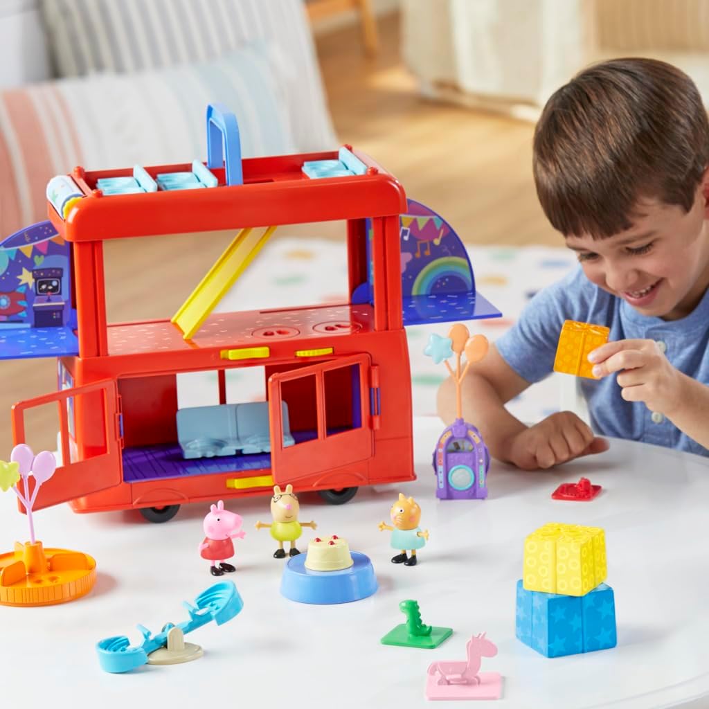 Peppa Pig Peppa’s 2-in-1 Party Bus Playset with Toy Figures and Accessories, Interactive Toddler Toys for Girls and Boys, Red