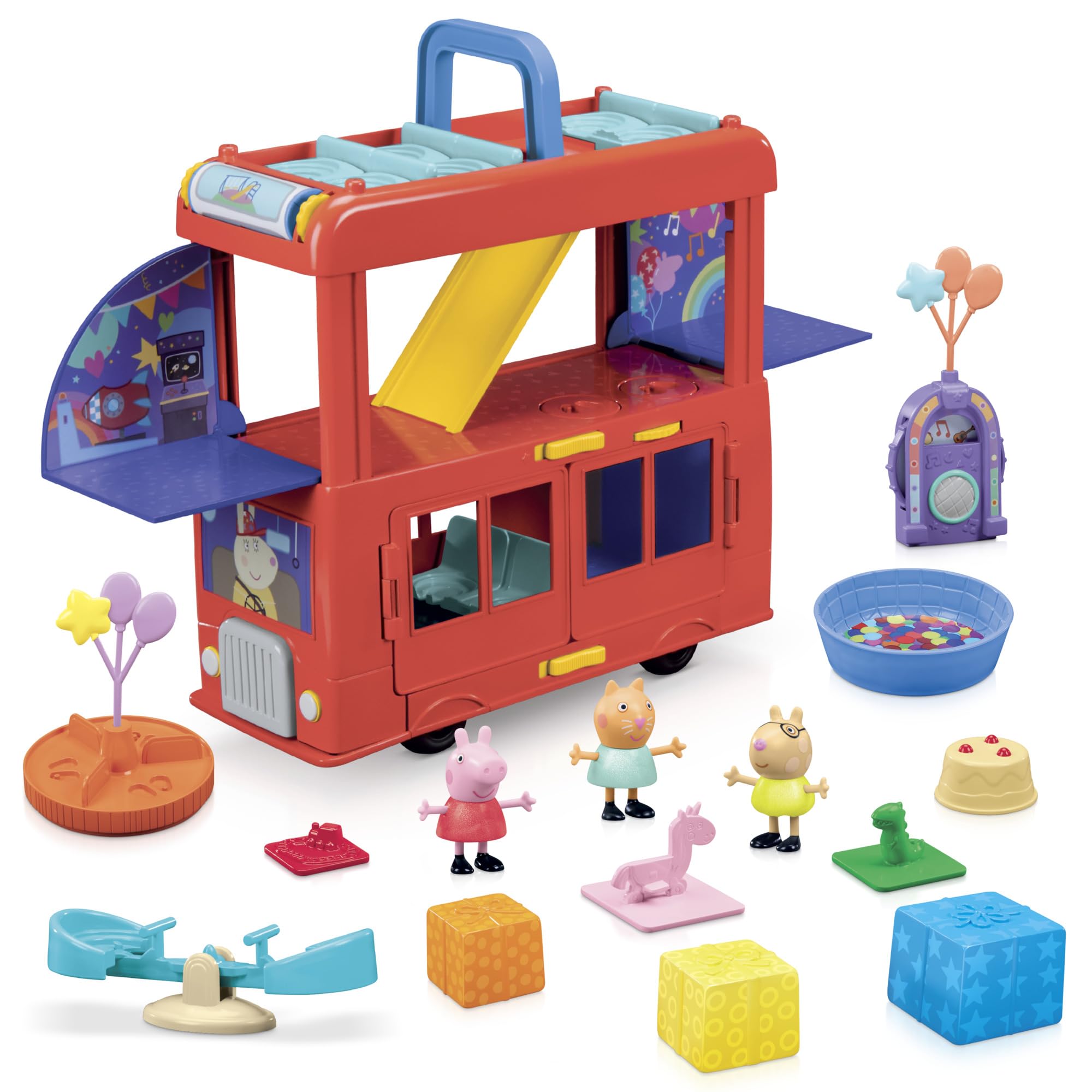 Peppa Pig Peppa’s 2-in-1 Party Bus Playset with Toy Figures and Accessories, Interactive Toddler Toys for Girls and Boys, Red
