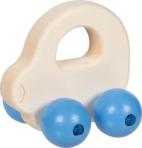 goki baby 65341 - Greifling Auto mit Perlen aus Holz für Babys – Made in Germany, Blau, Jungen, Natürlicher Motorikspielzeug zur Förderung des Greifreflexes, ab Geburt