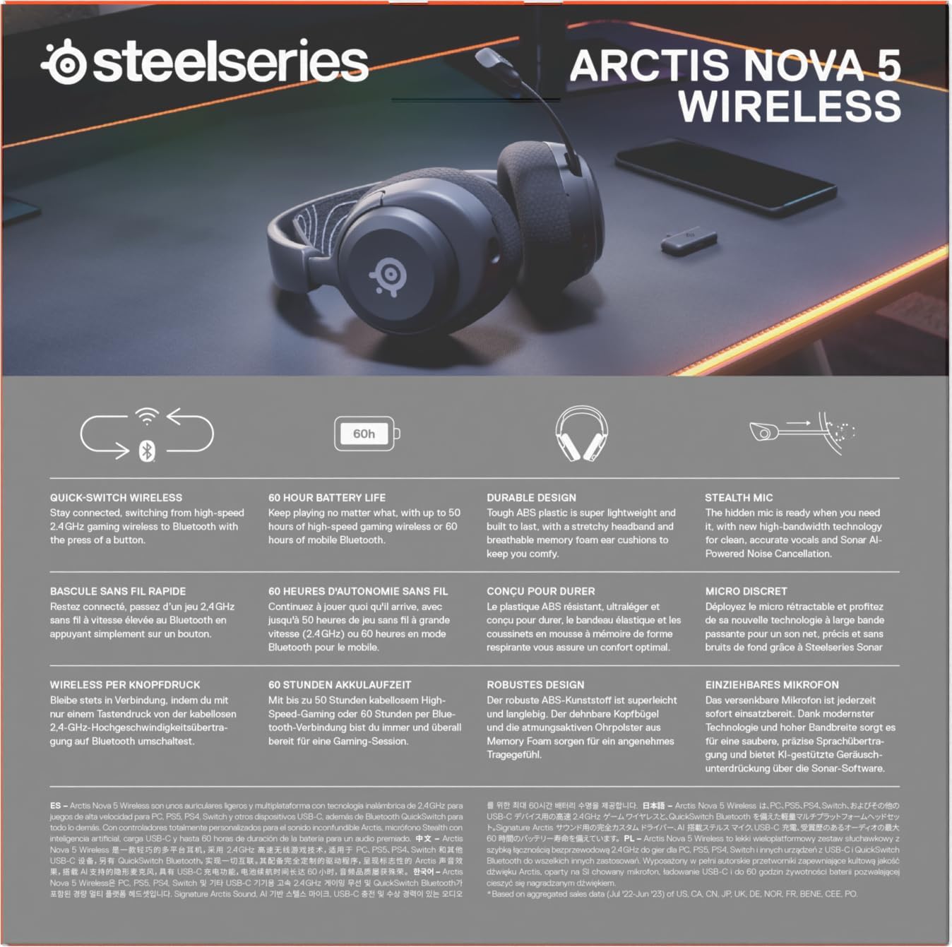 SteelSeries Arctis Nova 5 Wireless Multi-System Gaming Headset - Neodymium Magnetic Drivers - 100+ Audio Presets via App - 60H Battery - 2.4GHz or BT - ClearCast Gen2.X Mic - PC, PS4/5, Switch, Mobile