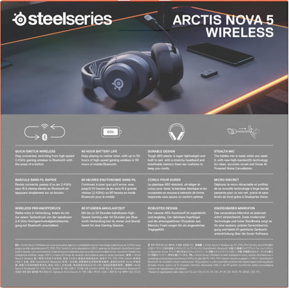 SteelSeries Arctis Nova 5 Wireless Multi-System Gaming Headset - Neodymium Magnetic Drivers - 100+ Audio Presets via App - 60H Battery - 2.4GHz or BT - ClearCast Gen2.X Mic - PC, PS4/5, Switch, Mobile