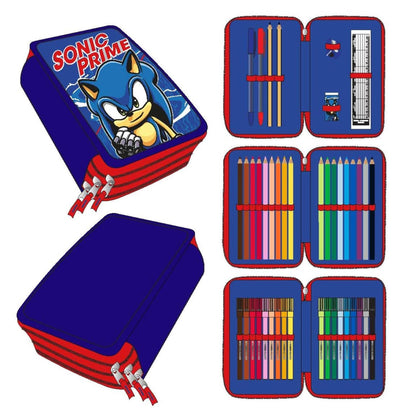 Cerda Sonic Prime School Pencil Case with 1 HB Pencil, 2 Pens, 1 Scissor, 1 Eraser, 1 Sharpener, 1 Ruler, 18 Pencil Colours and 18 Giotto Felt Tips Pens