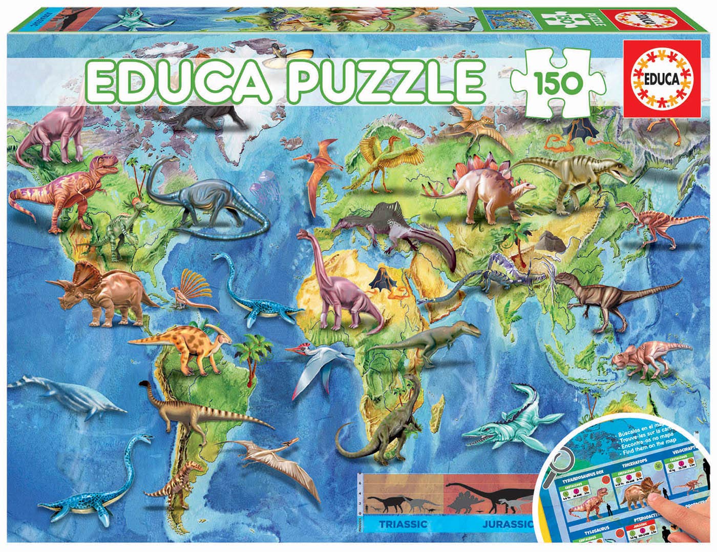 Educa 18997 Geopuzzle met nieuwsgierigheid van de dinosaurussen, vanaf 6 jaar, Ref. 18897