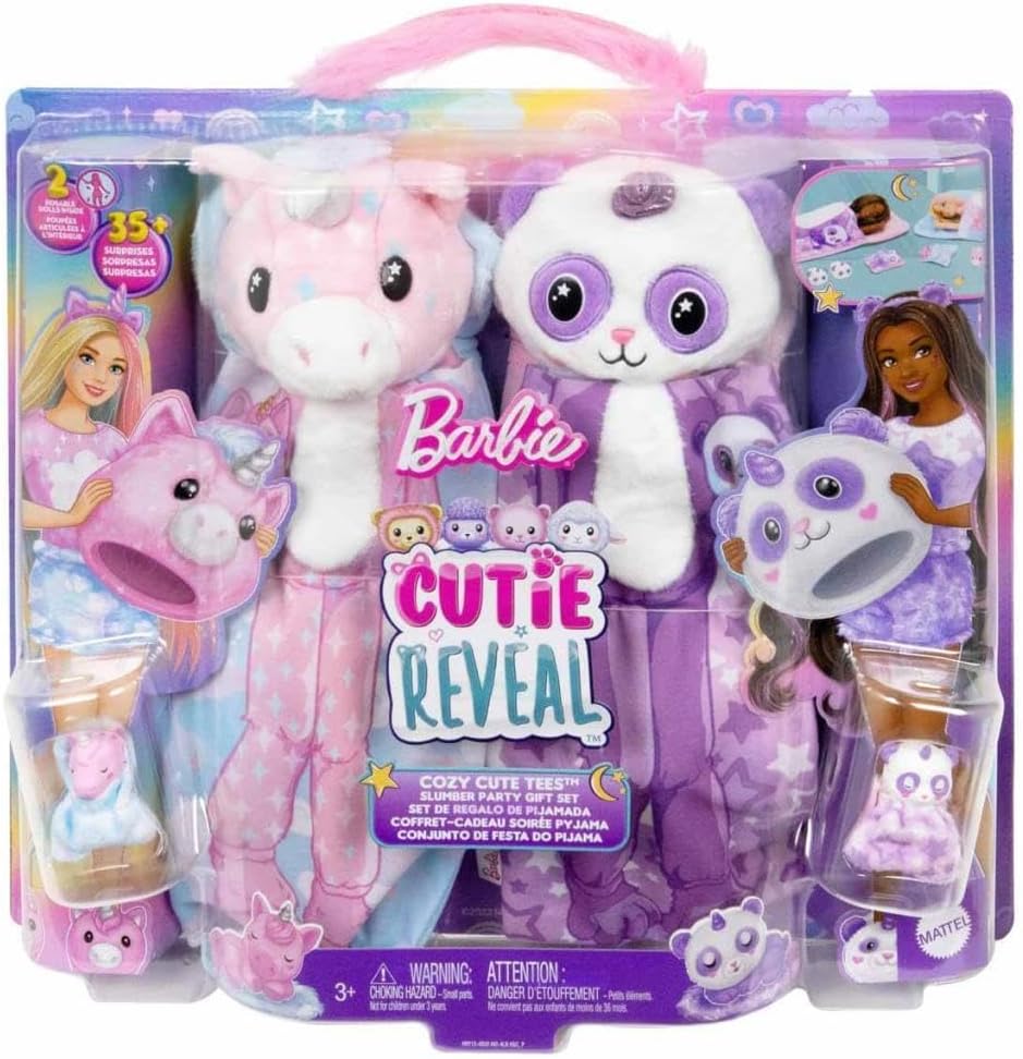 Barbie Cutie Reveal Slumber Party gift set, 2 Dolls with surprises and accesories, gift for ages +3 year old, HRY15