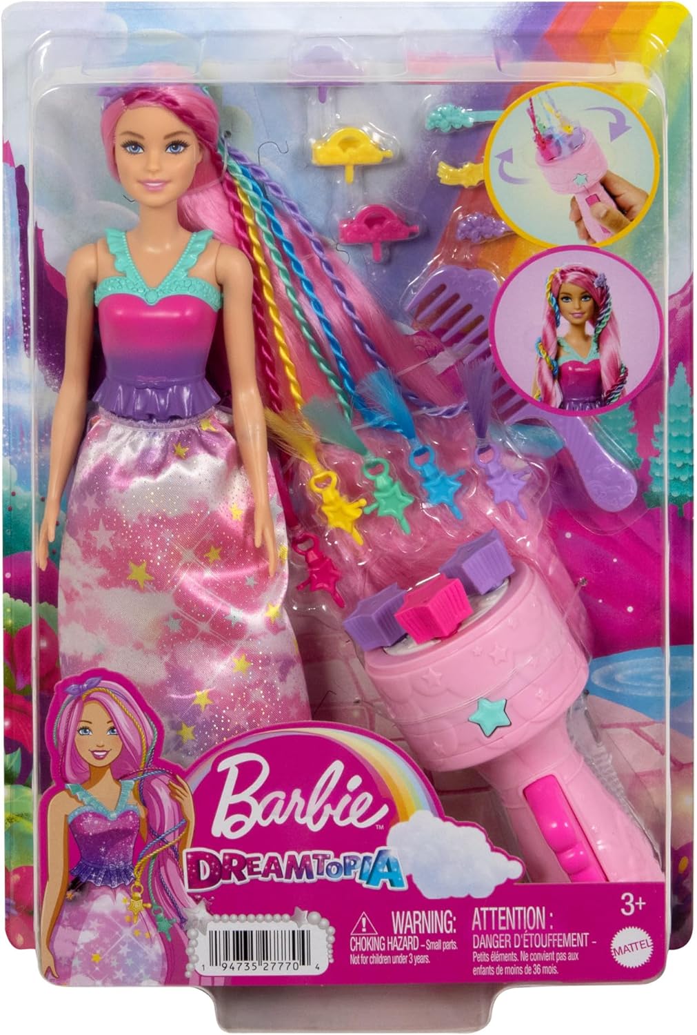 Barbie Doll, Fantasy Hair with Braid and Twist Styling, Rainbow Extensions, Twisting Tool with Accessories, JCW55