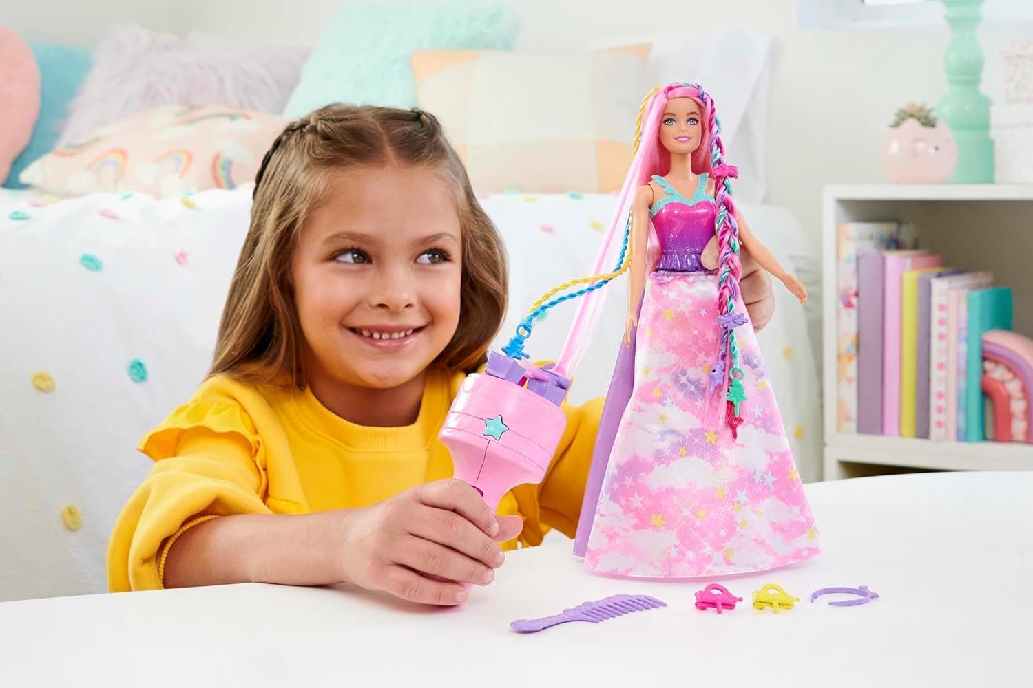 Barbie Doll, Fantasy Hair with Braid and Twist Styling, Rainbow Extensions, Twisting Tool with Accessories, JCW55