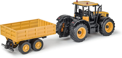 Carson 500907654 Traktor 500907654-1:16 RC JCB with Trailer 2.4G 100PercentRTR-Remote Vehicle, Functions Light and Sound, Remote Controlled Tractor, Single, Yellow JCB Tractor with Trailer Single