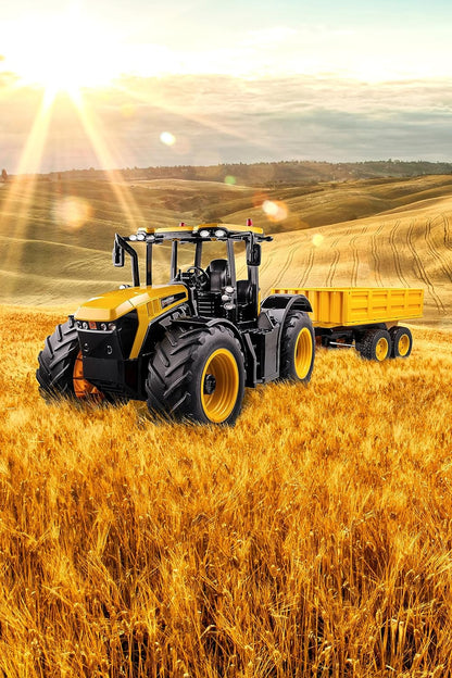Carson 500907654 Traktor 500907654-1:16 RC JCB with Trailer 2.4G 100PercentRTR-Remote Vehicle, Functions Light and Sound, Remote Controlled Tractor, Single, Yellow JCB Tractor with Trailer Single