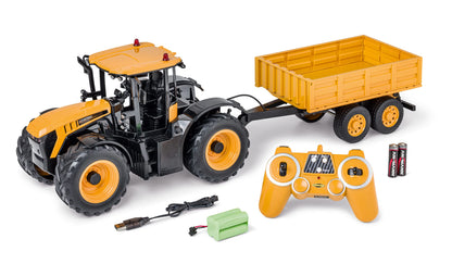 Carson 500907654 Traktor 500907654-1:16 RC JCB with Trailer 2.4G 100PercentRTR-Remote Vehicle, Functions Light and Sound, Remote Controlled Tractor, Single, Yellow JCB Tractor with Trailer Single