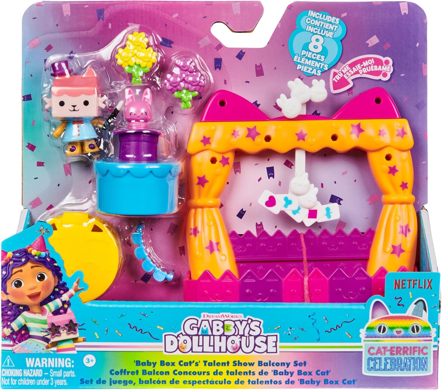 Gabby’s Dollhouse, Baby Box Talent Show Balcony Playset, 8-Pcs with Toy Figures, Doll’s House Accessories and Sensory Play, Kids’ Toys for Girls and Boys 3+
