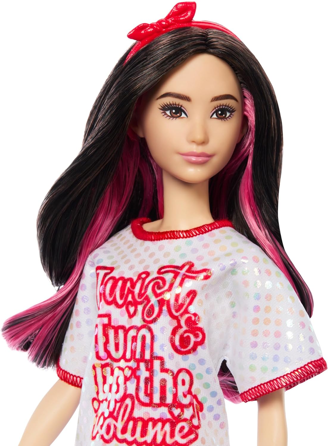 Barbie Fashionistas Doll #214, Black Wavy Hair with Twist ‘n’ Turn Dress & Accessories, 65th Anniversary Collectible Fashion Doll, HRH12