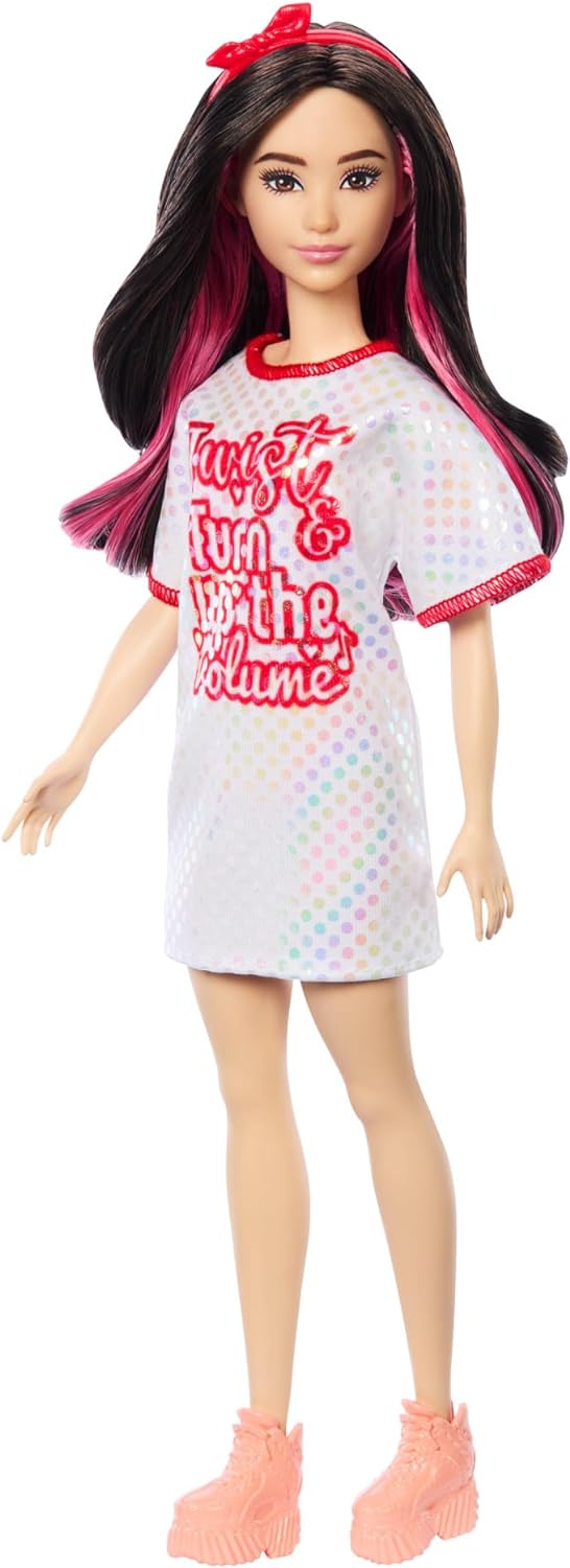 Barbie Fashionistas Doll #214, Black Wavy Hair with Twist ‘n’ Turn Dress & Accessories, 65th Anniversary Collectible Fashion Doll, HRH12