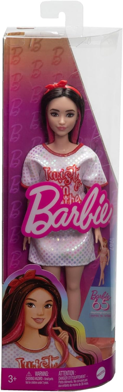 Barbie Fashionistas Doll #214, Black Wavy Hair with Twist ‘n’ Turn Dress & Accessories, 65th Anniversary Collectible Fashion Doll, HRH12