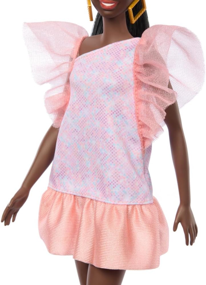 Barbie Fashionistas Doll #216 with Tall Body & Black Hair in Low Ponytail in Pink & Peach Party Dress, 65th Anniversary Collectible Fashion Doll