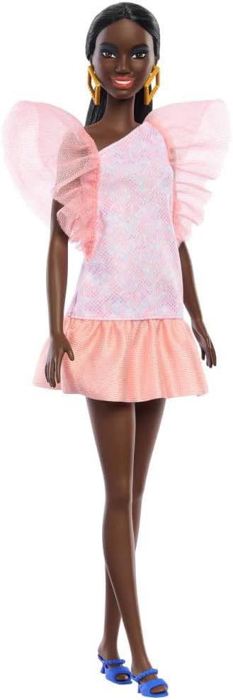 Barbie Fashionistas Doll #216 with Tall Body & Black Hair in Low Ponytail in Pink & Peach Party Dress, 65th Anniversary Collectible Fashion Doll