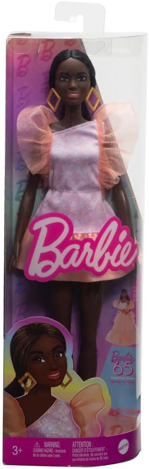 Barbie Fashionistas Doll #216 with Tall Body & Black Hair in Low Ponytail in Pink & Peach Party Dress, 65th Anniversary Collectible Fashion Doll