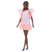 Barbie Fashionistas Doll #216 with Tall Body & Black Hair in Low Ponytail in Pink & Peach Party Dress, 65th Anniversary Collectible Fashion Doll