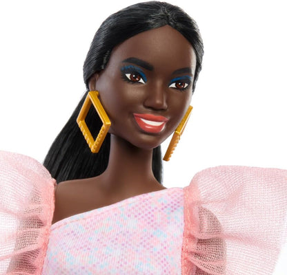 Barbie Fashionistas Doll #216 with Tall Body & Black Hair in Low Ponytail in Pink & Peach Party Dress, 65th Anniversary Collectible Fashion Doll