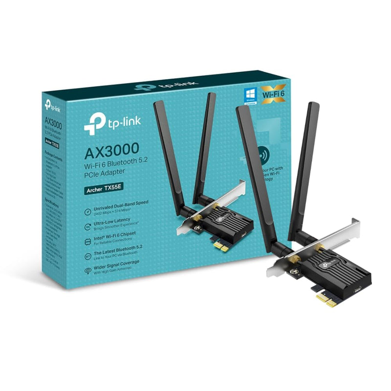 TP-Link AX3000 Dual-Band Wi-Fi 6 Bluetooth 5.2 PCIe Adapter with Two Antennas, specialized heatsink, 1024-QAM, Ultra-Low Latency, Intel® Wi-Fi 6 Chipset, Supports Windows 10/11(64bit) (Archer TX55E