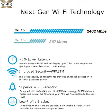 TP-Link AX3000 Dual-Band Wi-Fi 6 Bluetooth 5.2 PCIe Adapter with Two Antennas, specialized heatsink, 1024-QAM, Ultra-Low Latency, Intel® Wi-Fi 6 Chipset, Supports Windows 10/11(64bit) (Archer TX55E