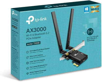 TP-Link AX3000 Dual-Band Wi-Fi 6 Bluetooth 5.2 PCIe Adapter with Two Antennas, specialized heatsink, 1024-QAM, Ultra-Low Latency, Intel® Wi-Fi 6 Chipset, Supports Windows 10/11(64bit) (Archer TX55E