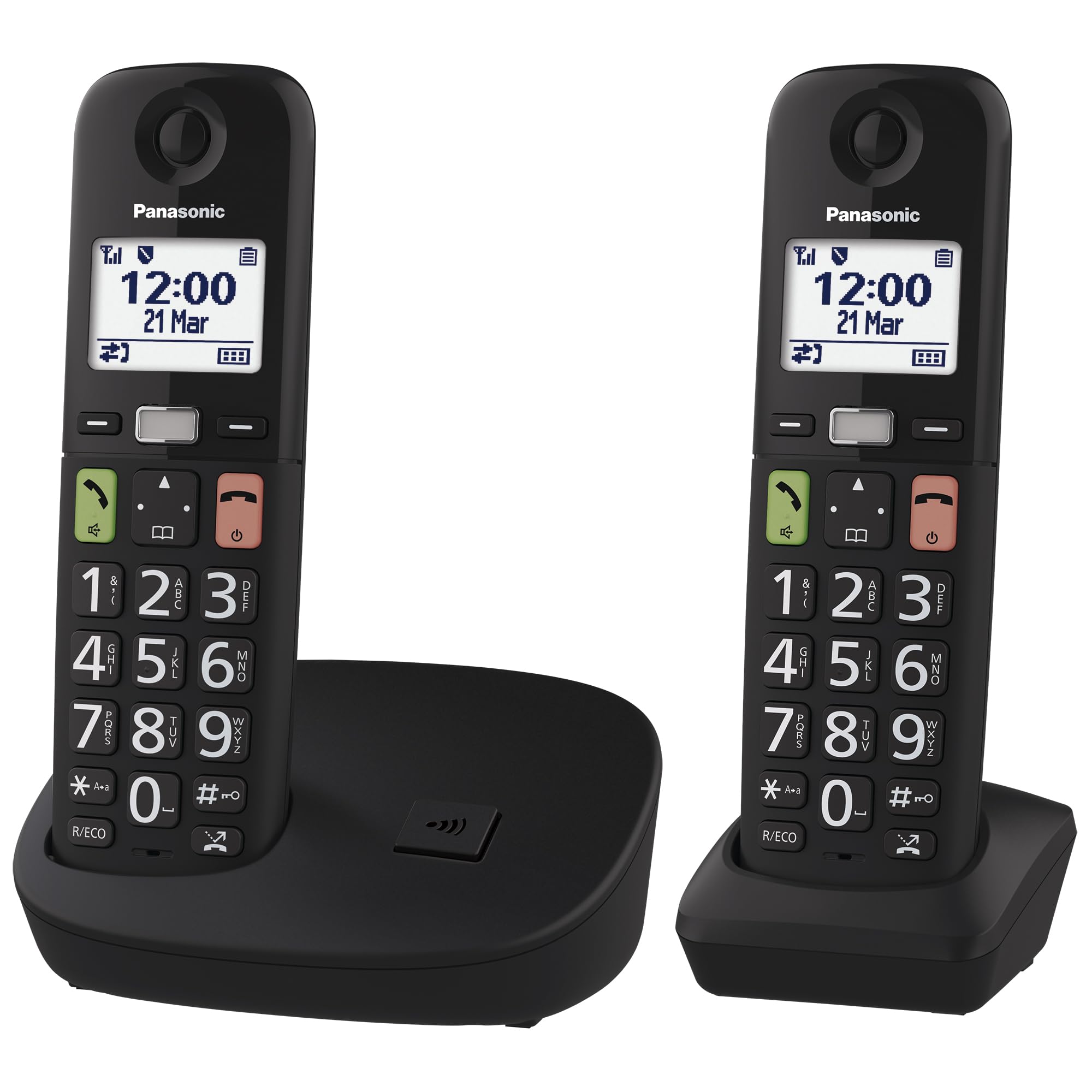 Panasonic KX-TGU112EXB - Telefono digitale wireless con segreteria telefonica, unità base e 2 combinazioni, schermo LCD, tasti grandi, chiamata preferita, compatibile con apparecchi acustici, nero