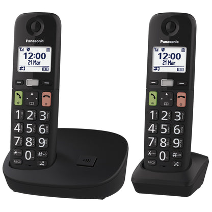 Panasonic KX-TGU112EXB - Telefono digitale wireless con segreteria telefonica, unità base e 2 combinazioni, schermo LCD, tasti grandi, chiamata preferita, compatibile con apparecchi acustici, nero