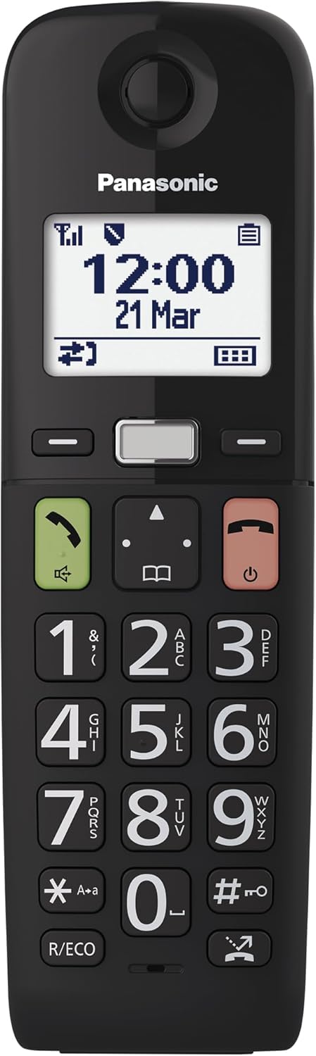 Panasonic KX-TGU112EXB - Telefono digitale wireless con segreteria telefonica, unità base e 2 combinazioni, schermo LCD, tasti grandi, chiamata preferita, compatibile con apparecchi acustici, nero