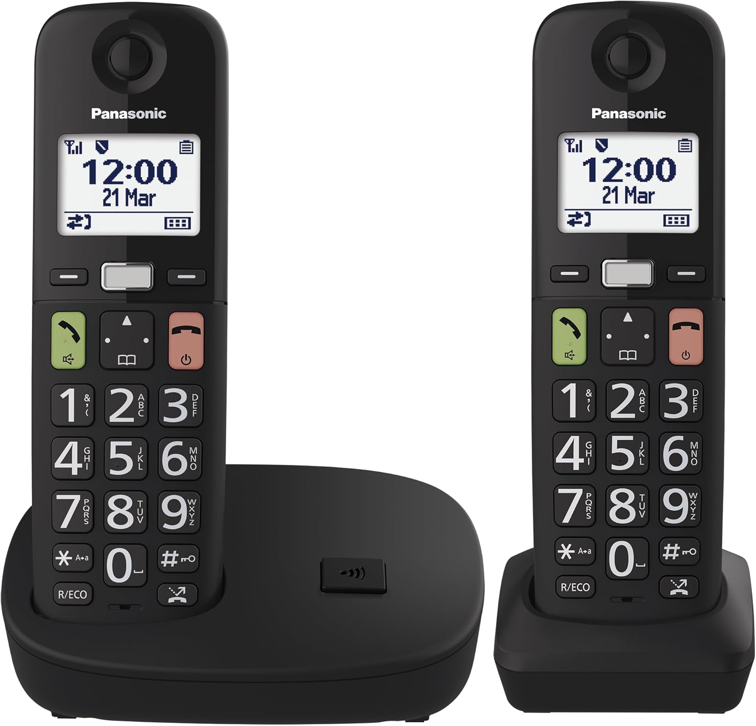 Panasonic KX-TGU112EXB - Telefono digitale wireless con segreteria telefonica, unità base e 2 combinazioni, schermo LCD, tasti grandi, chiamata preferita, compatibile con apparecchi acustici, nero
