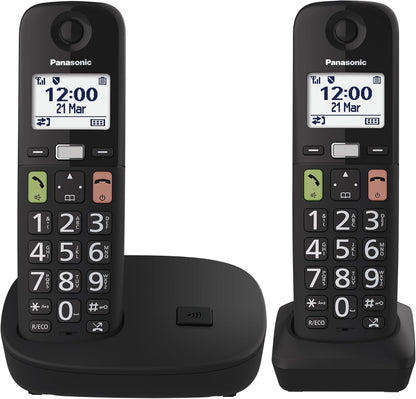 Panasonic KX-TGU112EXB - Telefono digitale wireless con segreteria telefonica, unità base e 2 combinazioni, schermo LCD, tasti grandi, chiamata preferita, compatibile con apparecchi acustici, nero