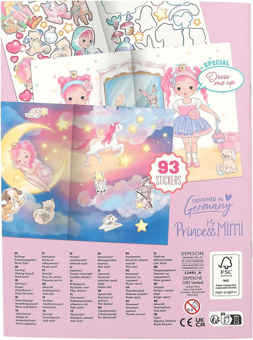 Depesche 12491 Princess Mimi-Puffy Book with 20 Illustrated Background Pages to Design Yourself, Including 4 Double-Sided Stickers, Multicoloured
