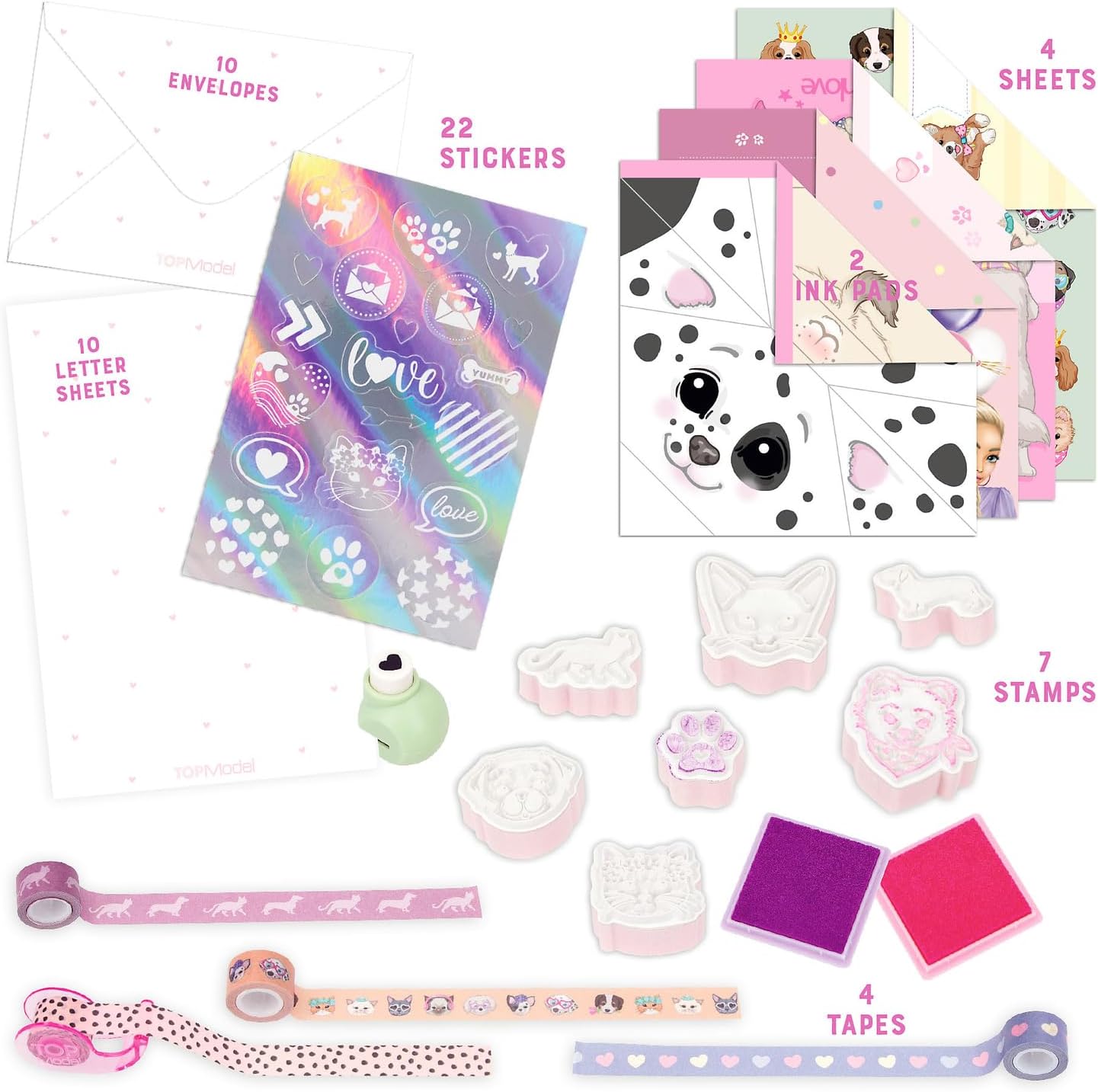Depesche 12881 TOPModel Kitty en Doggy - Handletteringset in honden- en kattendesign, incl. briefpapier, enveloppen, stickers, stempels en nog veel meer.