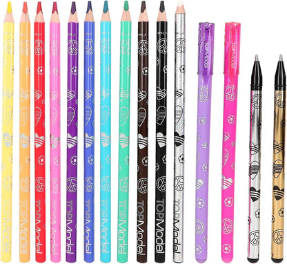 Depesche TOPModel 12943 Colouring Book Set with 76 Pages for Designing Model Motifs, Includes Colouring Template, Sticker Sheet, Pens and Much More