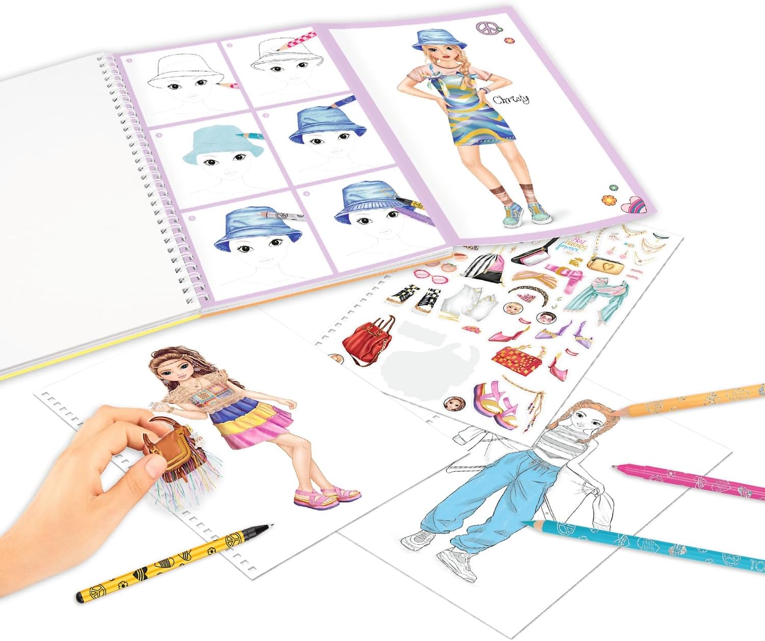Depesche TOPModel 12943 Colouring Book Set with 76 Pages for Designing Model Motifs, Includes Colouring Template, Sticker Sheet, Pens and Much More