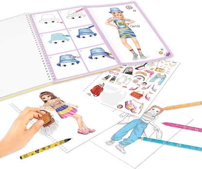 Depesche TOPModel 12943 Colouring Book Set with 76 Pages for Designing Model Motifs, Includes Colouring Template, Sticker Sheet, Pens and Much More